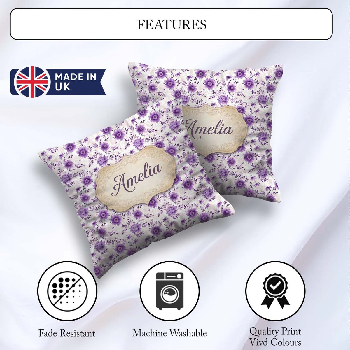 Custom Name Purple Floral Garden Seamless Pattern Soft Botanical Square Filled Cushion Throw Pillow Sofa Bed Home Decor Zip Washable UK Made