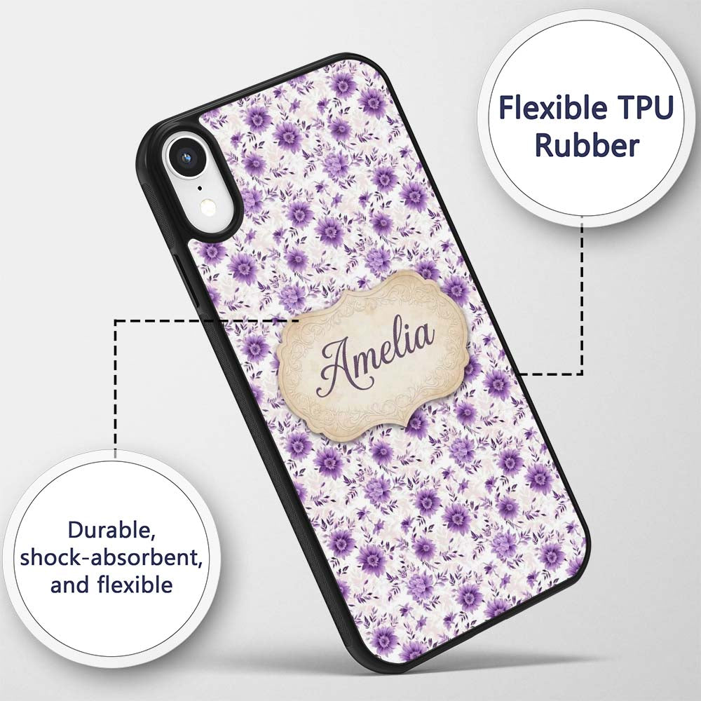 Purple Floral Garden Seamless Printed Design Custom Name Protective Phone Case Mobile Cover Durable Everyday Smartphone Shock Resistant