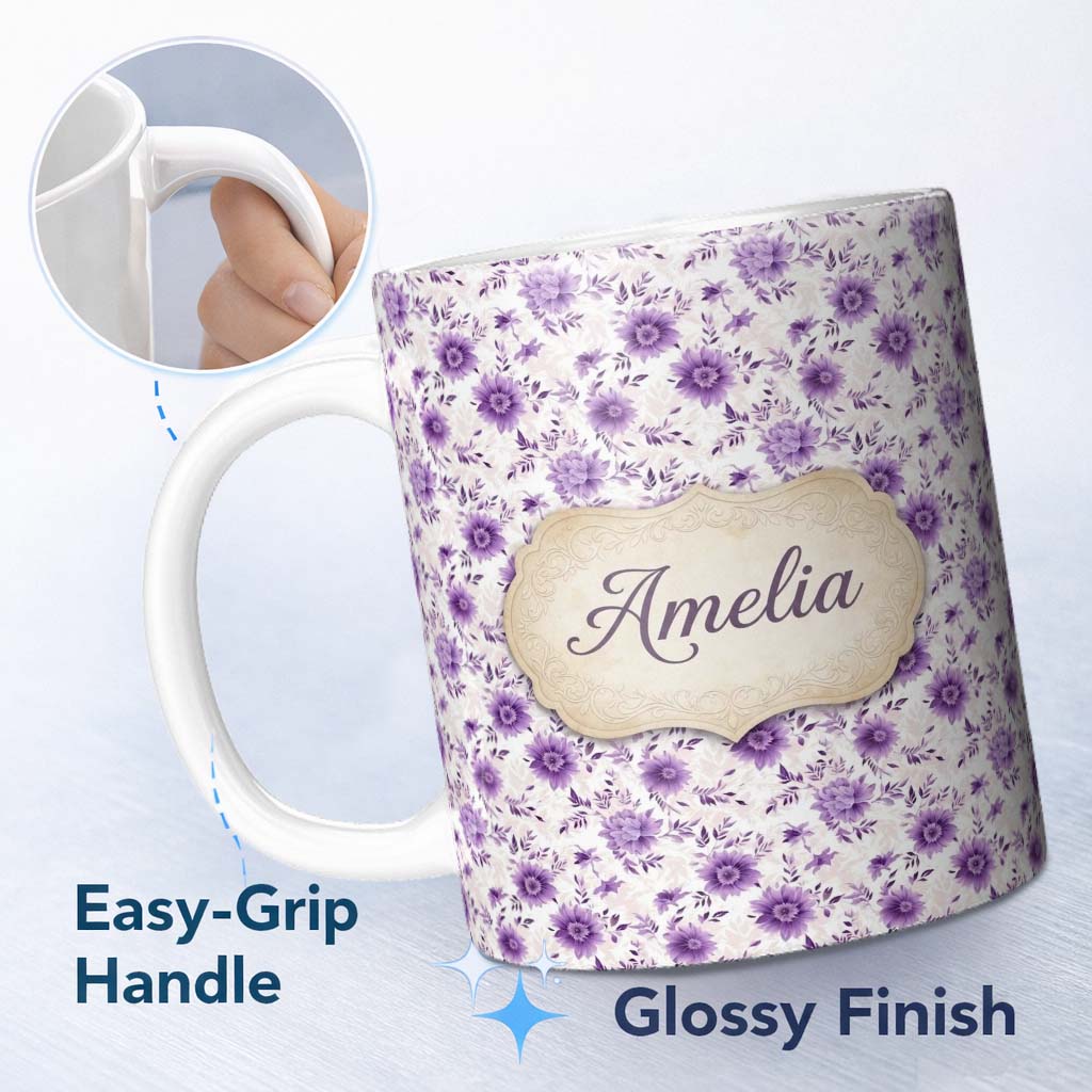 Personalized Custom Name Purple Floral Garden Seamless Pattern Soft Elegant Botanical Style 11oz Ceramic Coffee Tea Mug White Large Handle