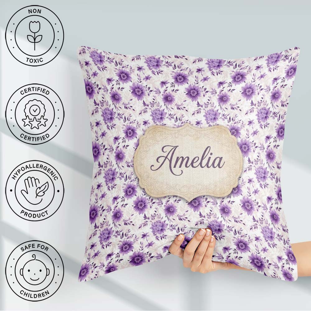 Custom Name Purple Floral Garden Seamless Pattern Soft Botanical Square Filled Cushion Throw Pillow Sofa Bed Home Decor Zip Washable UK Made
