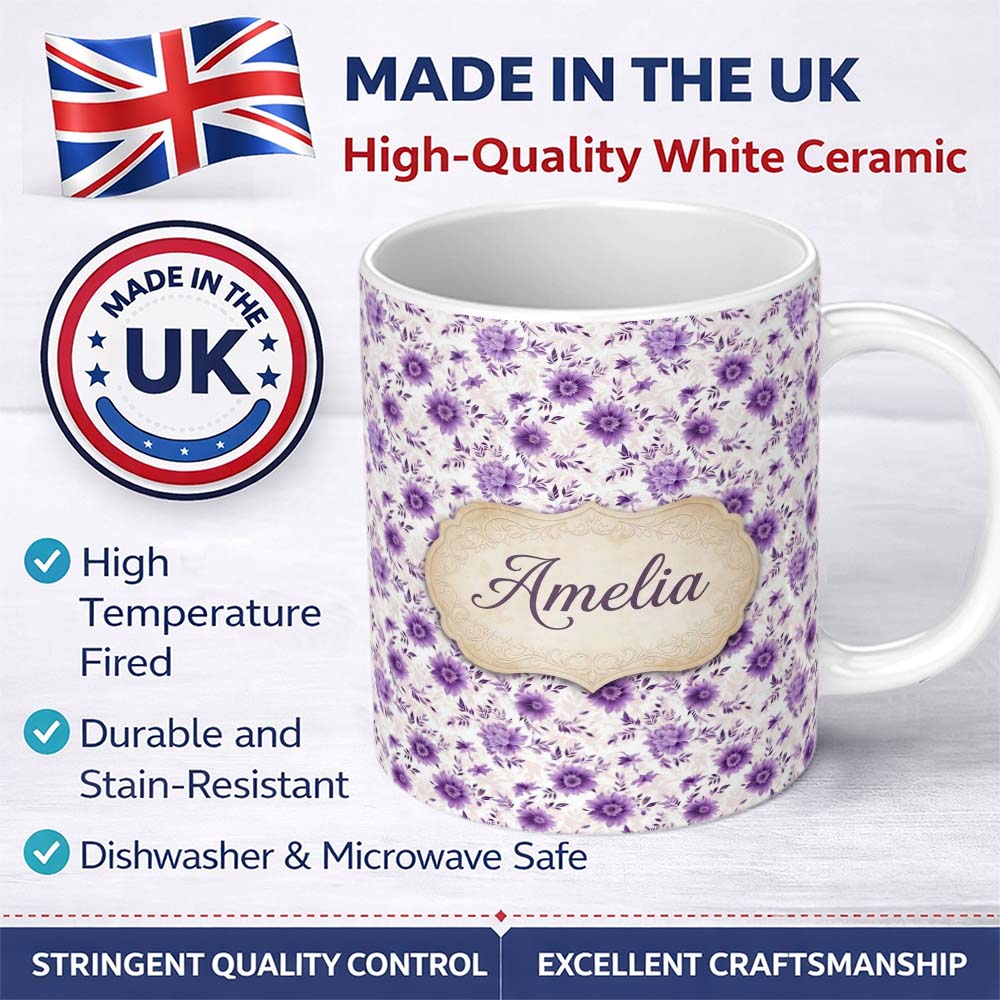 Personalized Custom Name Purple Floral Garden Seamless Pattern Soft Elegant Botanical Style 11oz Ceramic Coffee Tea Mug White Large Handle