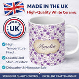 Personalized Custom Name Purple Floral Garden Seamless Pattern Soft Elegant Botanical Style 11oz Ceramic Coffee Tea Mug White Large Handle