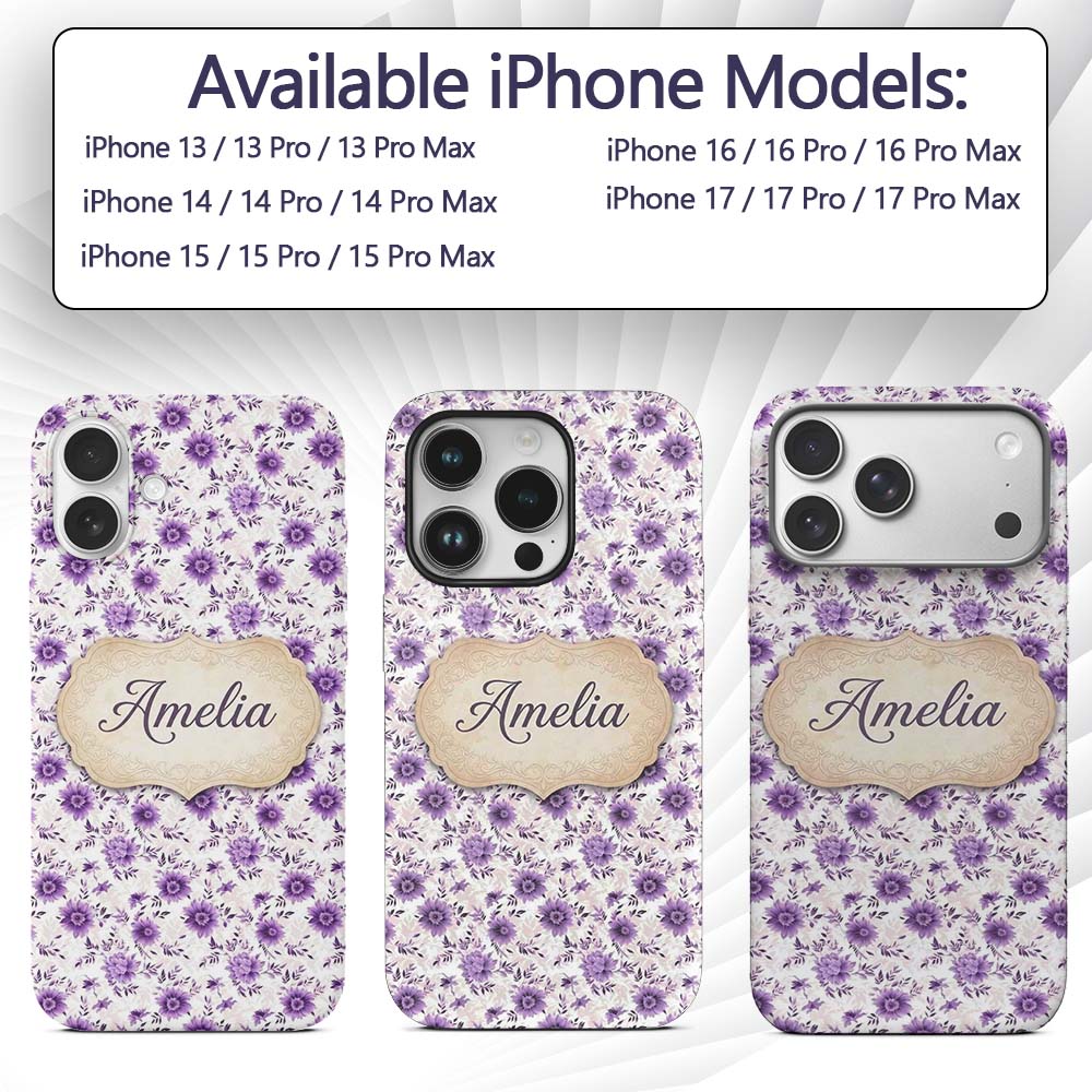 Purple Floral Garden Seamless Printed Design Custom Name Protective Phone Case Mobile Cover Durable Everyday Smartphone Shock Resistant