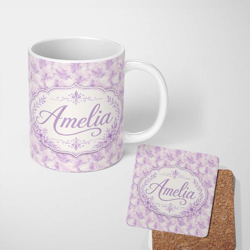 Personalized Custom Name Lavender Vintage Botanical Texture Seamless Pattern Soft Floral 11oz Ceramic Coffee Tea Mug White Large Handle