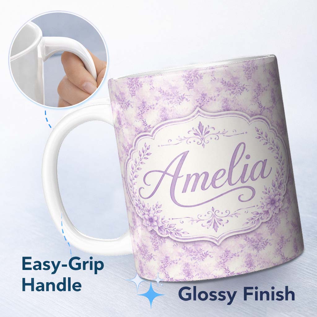 Personalized Custom Name Lavender Vintage Botanical Texture Seamless Pattern Soft Floral 11oz Ceramic Coffee Tea Mug White Large Handle