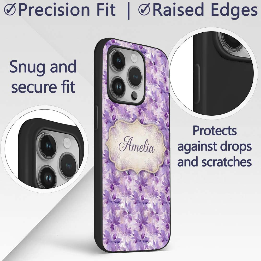 Purple Watercolor Floral Abstract Printed Design Custom Name Protective Phone Case Mobile Cover Durable Everyday Smartphone Shock Resistant