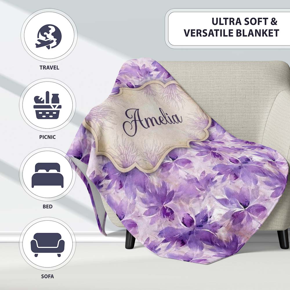 Purple Watercolor Floral Abstract Seamless Pattern Soft Artistic  Personalised Custom Name Super Soft Fleece Blanket Bed Sofa Throw