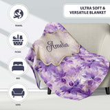 Purple Watercolor Floral Abstract Seamless Pattern Soft Artistic  Personalised Custom Name Super Soft Fleece Blanket Bed Sofa Throw