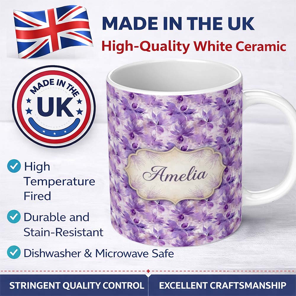 Personalized Custom Name Purple Watercolor Floral Abstract Seamless Pattern Soft Artistic 11oz Ceramic Coffee Tea Mug White Large Handle
