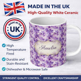 Personalized Custom Name Purple Watercolor Floral Abstract Seamless Pattern Soft Artistic 11oz Ceramic Coffee Tea Mug White Large Handle