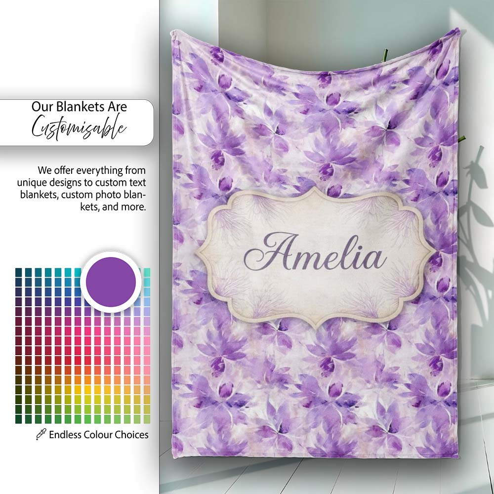 Purple Watercolor Floral Abstract Seamless Pattern Soft Artistic  Personalised Custom Name Super Soft Fleece Blanket Bed Sofa Throw