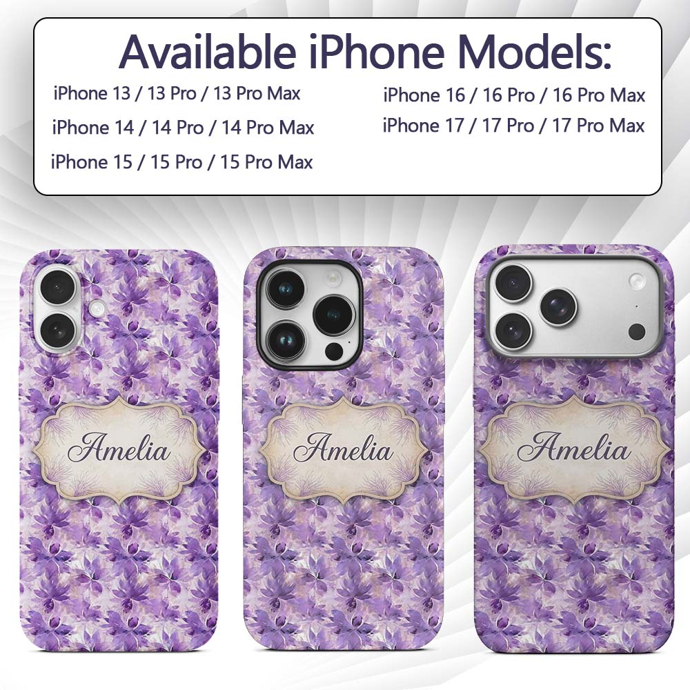 Purple Watercolor Floral Abstract Printed Design Custom Name Protective Phone Case Mobile Cover Durable Everyday Smartphone Shock Resistant