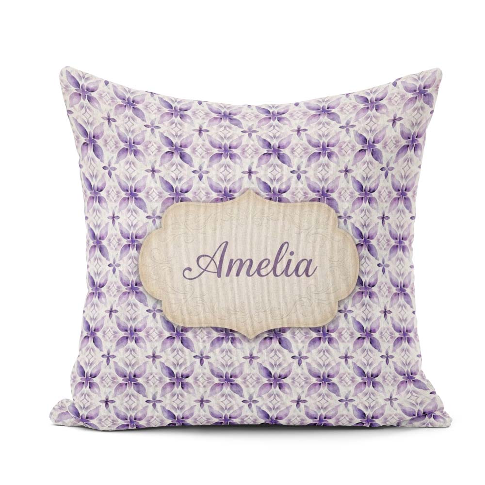 Custom Name Purple Floral Tile Symmetry Seamless Pattern Elegant Square Filled Cushion Throw Pillow Sofa Bed Home Decor Zip Washable UK Made