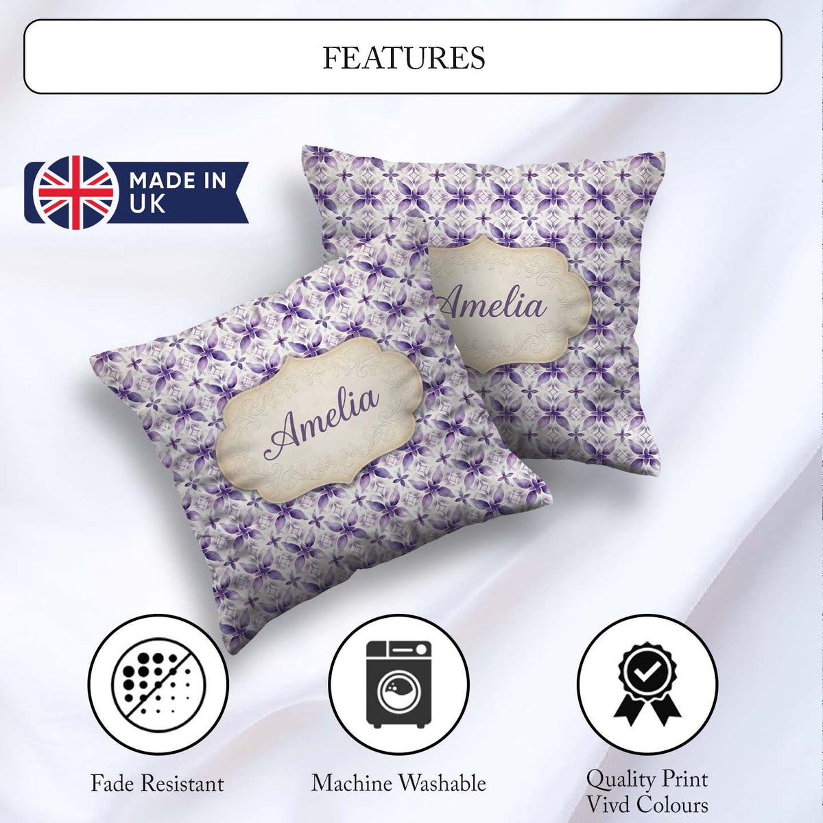 Custom Name Purple Floral Tile Symmetry Seamless Pattern Elegant Square Filled Cushion Throw Pillow Sofa Bed Home Decor Zip Washable UK Made