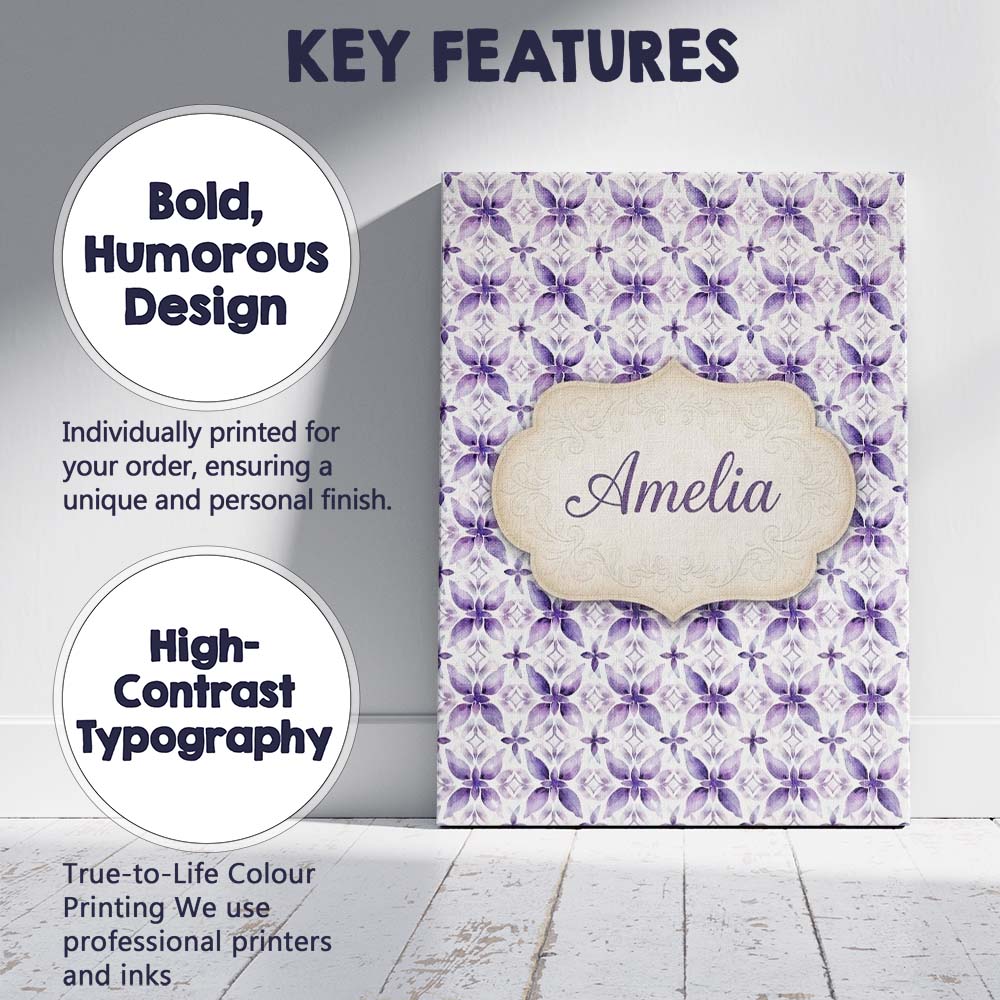 Personalised Name Purple Floral Tile Custom Premium Decorative Design Modern Room Accent Canvas Wall Art Print Decor Picture Ready to Hang