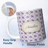 Personalized Custom Name Purple Floral Tile Symmetry Seamless Pattern Elegant Geometric 11oz Ceramic Coffee Tea Mug White Large Handle