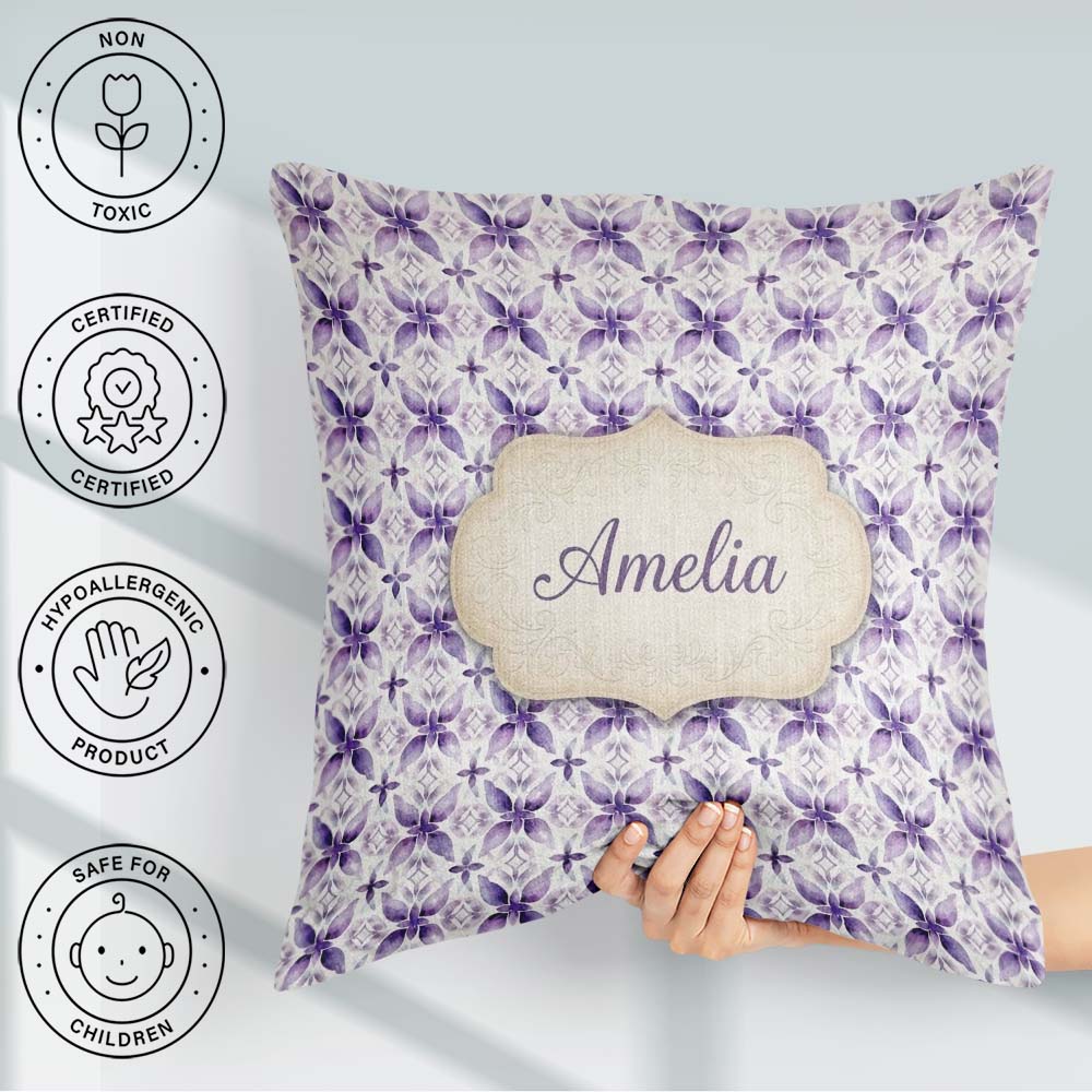 Custom Name Purple Floral Tile Symmetry Seamless Pattern Elegant Square Filled Cushion Throw Pillow Sofa Bed Home Decor Zip Washable UK Made