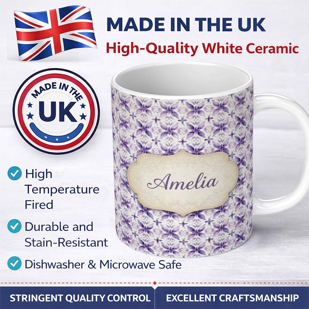 Personalized Custom Name Purple Floral Tile Symmetry Seamless Pattern Elegant Geometric 11oz Ceramic Coffee Tea Mug White Large Handle