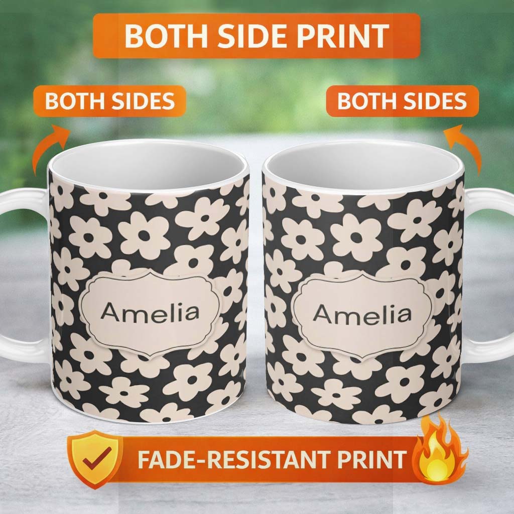 Personalized Custom Name Minimal Beige Flower Silhouette on Dark Background Seamless Pattern 11oz Ceramic Coffee Tea Mug White Large Handle