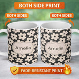 Personalized Custom Name Minimal Beige Flower Silhouette on Dark Background Seamless Pattern 11oz Ceramic Coffee Tea Mug White Large Handle