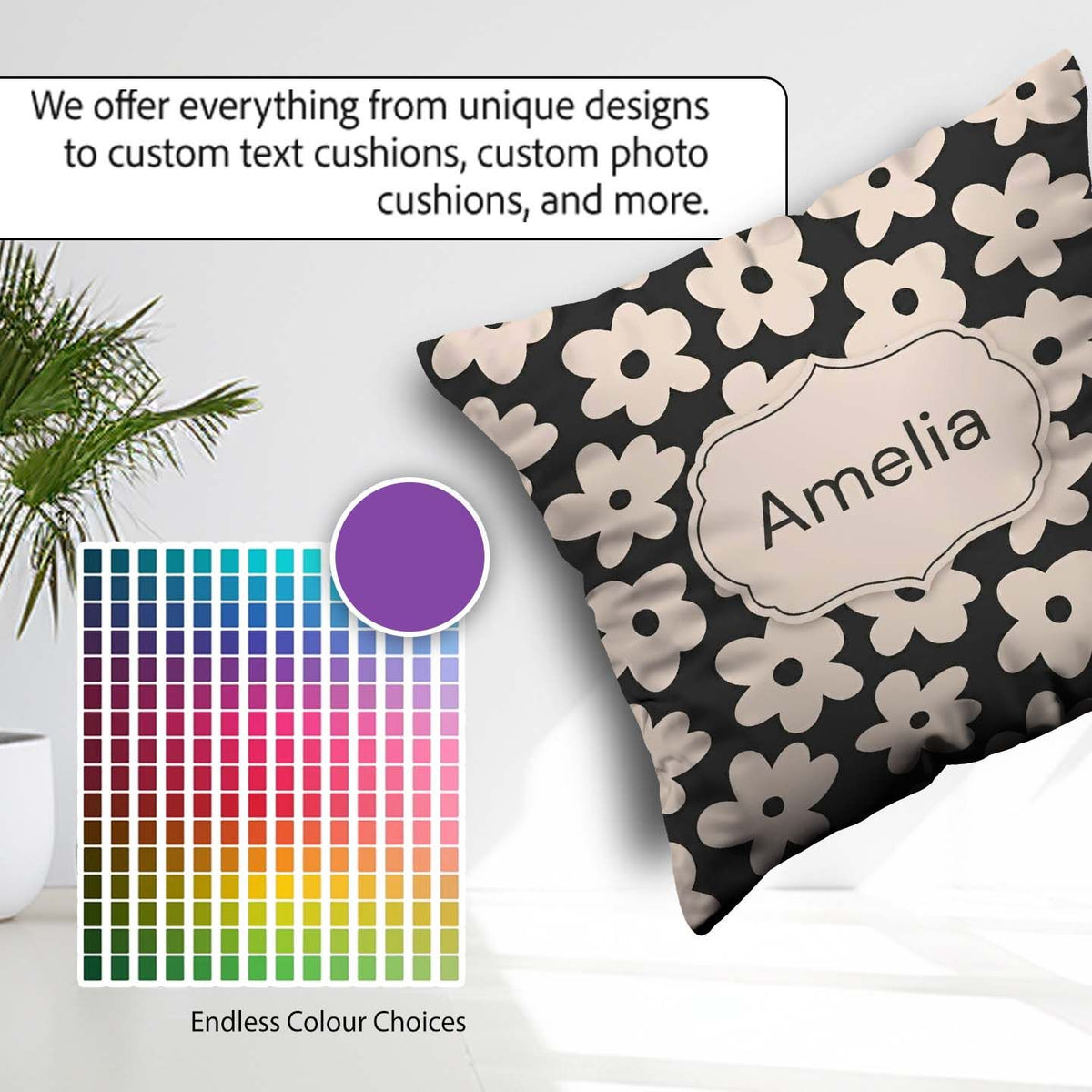 Custom Name Minimal Beige Silhouette on Dark Background Seamless Square Filled Cushion Throw Pillow Sofa Bed Home Decor Zip Washable UK Made