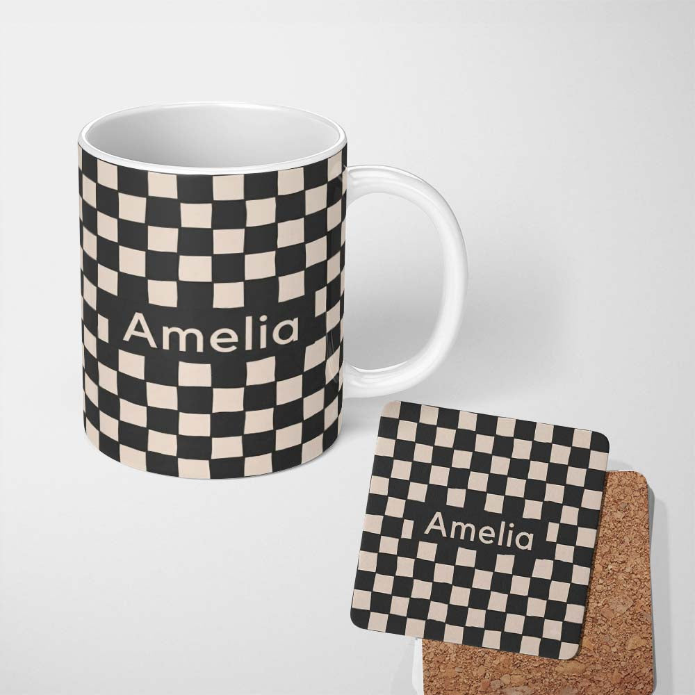 Personalized Custom Name Black White Wavy Checkerboard Seamless Pattern Geometric Style Name 11oz Ceramic Coffee Tea Mug White Large Handle