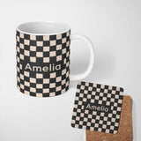 Personalized Custom Name Black White Wavy Checkerboard Seamless Pattern Geometric Style Name 11oz Ceramic Coffee Tea Mug White Large Handle