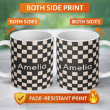 Personalized Custom Name Black White Wavy Checkerboard Seamless Pattern Geometric Style Name 11oz Ceramic Coffee Tea Mug White Large Handle