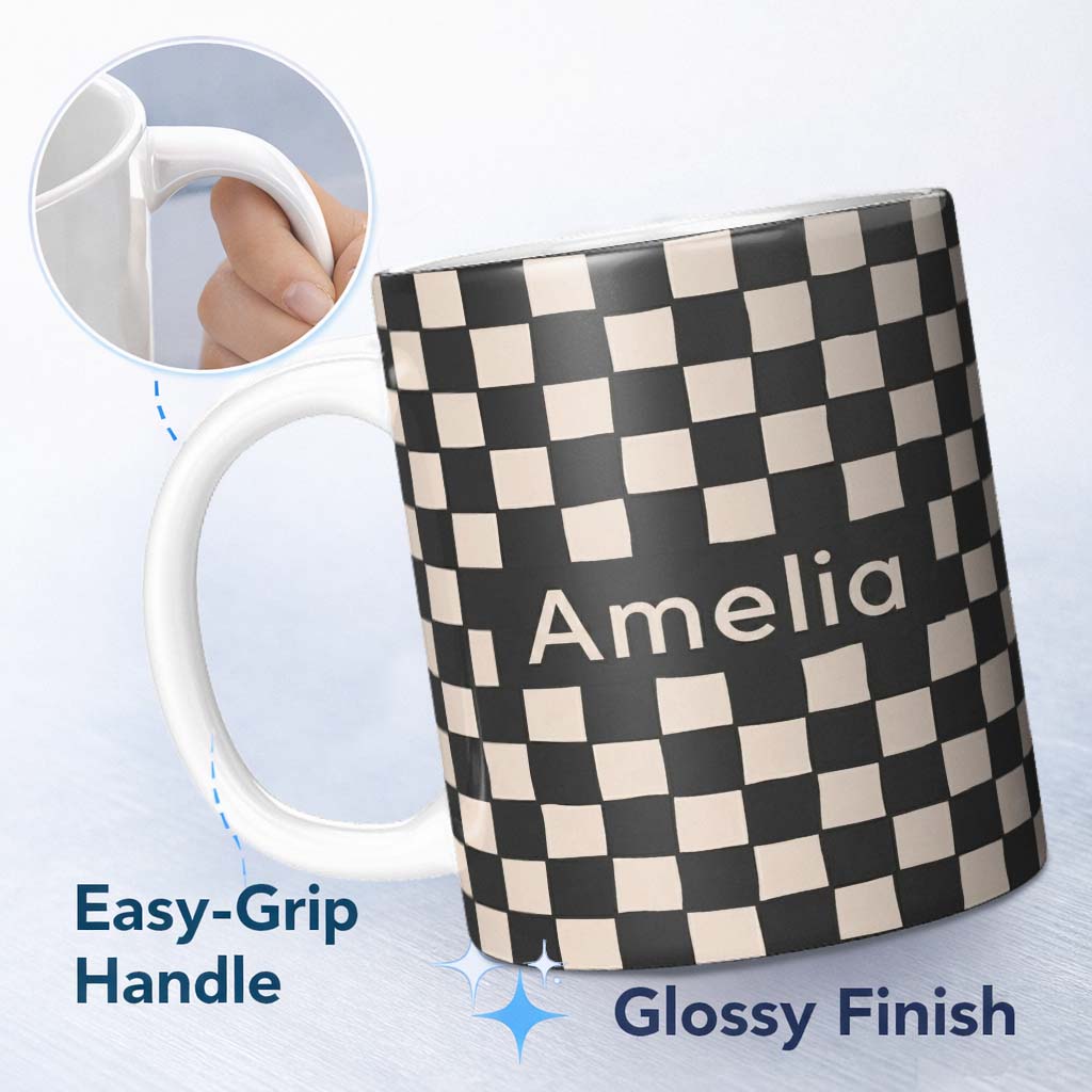 Personalized Custom Name Black White Wavy Checkerboard Seamless Pattern Geometric Style Name 11oz Ceramic Coffee Tea Mug White Large Handle