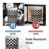 Personalized Custom Name Black White Wavy Checkerboard Seamless Pattern Geometric Style Name 11oz Ceramic Coffee Tea Mug White Large Handle