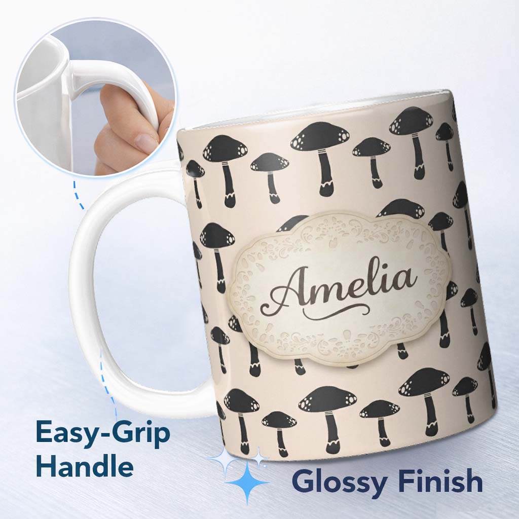 Personalized Custom Name Minimal Black Mushroom Illustration Seamless Pattern Cute Nature 11oz Ceramic Coffee Tea Mug White Large Handle