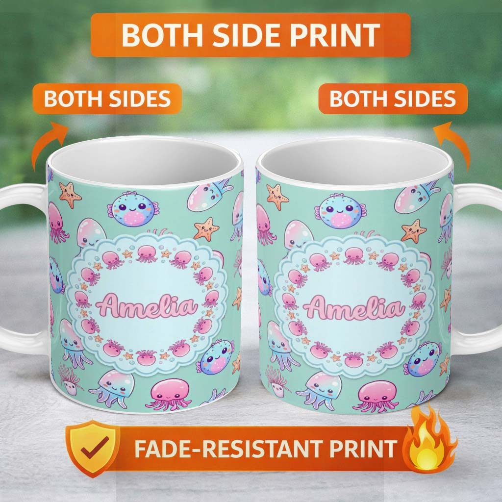 Personalized Custom Name Kawaii Jellyfish Puffer Fish Starfish Pastel Ocean Creatures Mint 11oz Ceramic Coffee Tea Mug White Large Handle