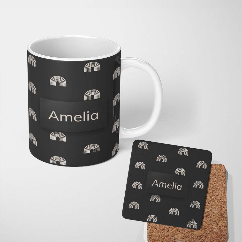 Personalized Custom Name Simple Rainbow Arch Line Art Seamless Pattern Modern Minimal Style 11oz Ceramic Coffee Tea Mug White Large Handle