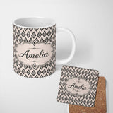 Personalized Custom Name Black Tribal Diamond Ikat Seamless Pattern Ethnic Geometric Design 11oz Ceramic Coffee Tea Mug White Large Handle