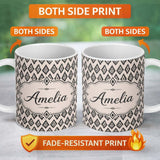 Personalized Custom Name Black Tribal Diamond Ikat Seamless Pattern Ethnic Geometric Design 11oz Ceramic Coffee Tea Mug White Large Handle