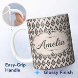 Personalized Custom Name Black Tribal Diamond Ikat Seamless Pattern Ethnic Geometric Design 11oz Ceramic Coffee Tea Mug White Large Handle