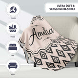Black Tribal Diamond Ikat Seamless Pattern Ethnic Geometric Design  Personalised Custom Name Super Soft Fleece Blanket Bed Sofa Throw
