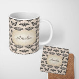 Personalized Custom Name Black Butterfly Illustration Seamless Pattern Vintage Insect Design 11oz Ceramic Coffee Tea Mug White Large Handle