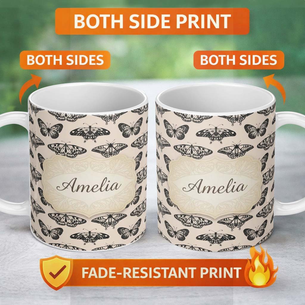 Personalized Custom Name Black Butterfly Illustration Seamless Pattern Vintage Insect Design 11oz Ceramic Coffee Tea Mug White Large Handle