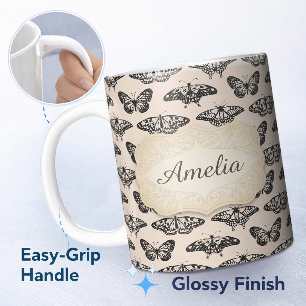 Personalized Custom Name Black Butterfly Illustration Seamless Pattern Vintage Insect Design 11oz Ceramic Coffee Tea Mug White Large Handle
