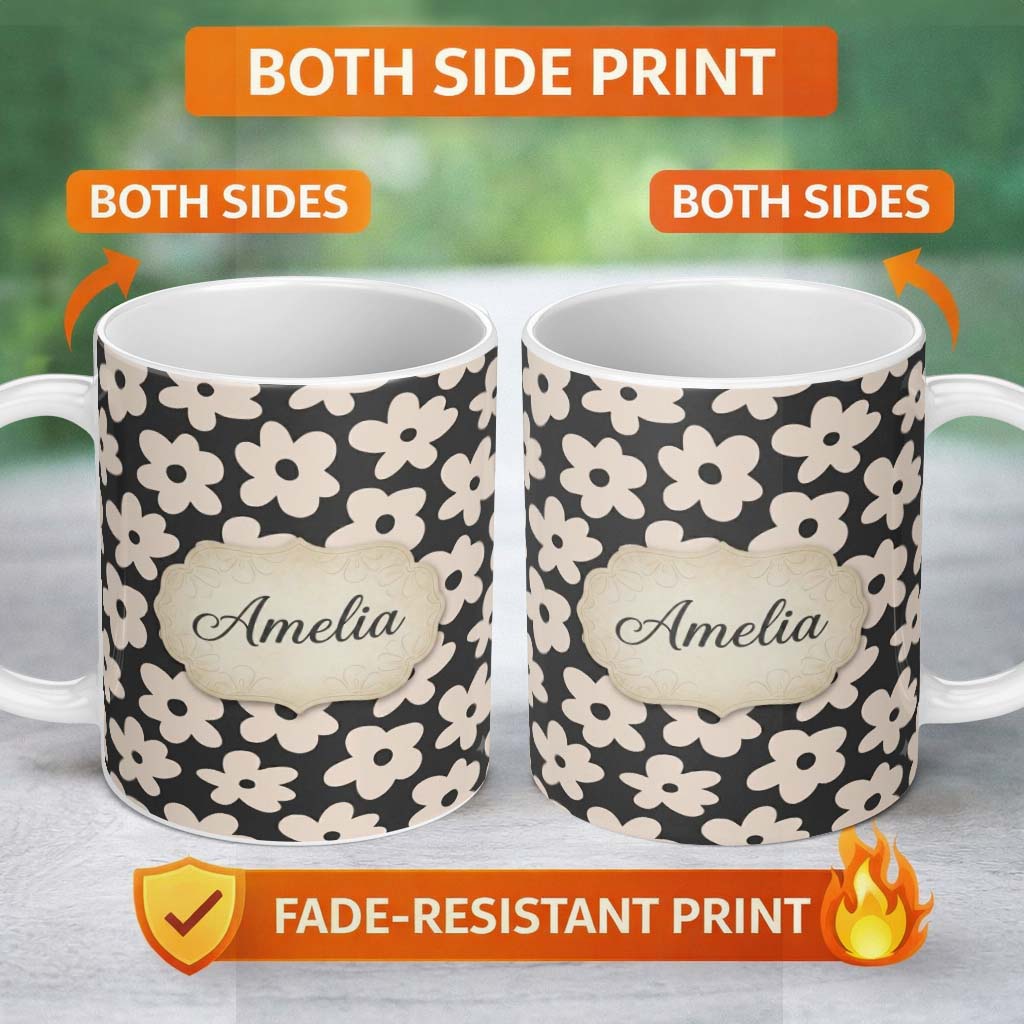 Personalized Custom Name Minimal Beige Flower Silhouette Seamless Pattern Modern Floral 11oz Ceramic Coffee Tea Mug White Large Handle