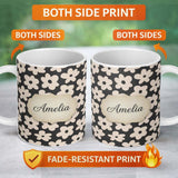 Personalized Custom Name Minimal Beige Flower Silhouette Seamless Pattern Modern Floral 11oz Ceramic Coffee Tea Mug White Large Handle