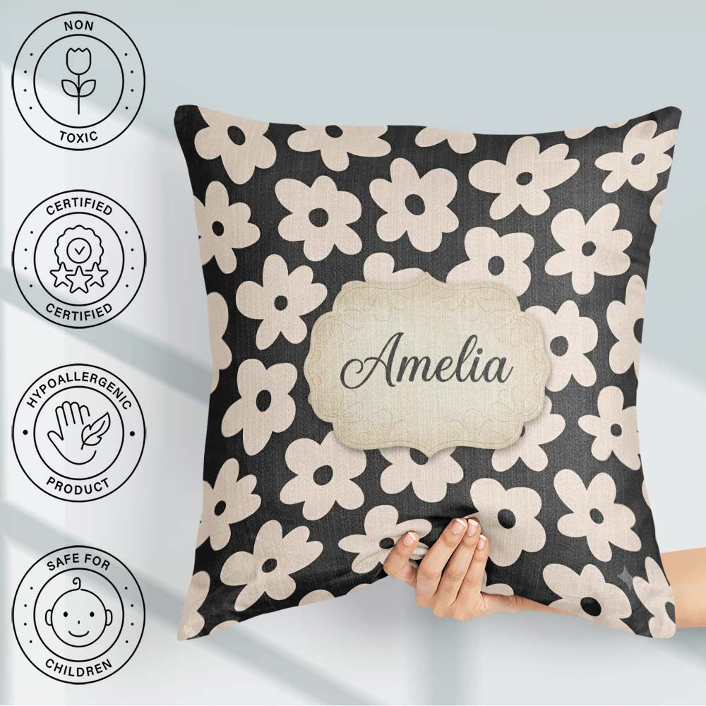 Custom Name Minimal Beige Flower Seamless Pattern Modern Floral Square Filled Cushion Throw Pillow Sofa Bed Home Decor Zip Washable UK Made