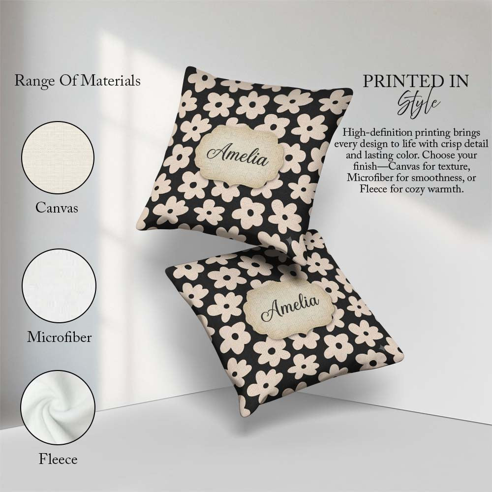 Custom Name Minimal Beige Flower Seamless Pattern Modern Floral Square Filled Cushion Throw Pillow Sofa Bed Home Decor Zip Washable UK Made