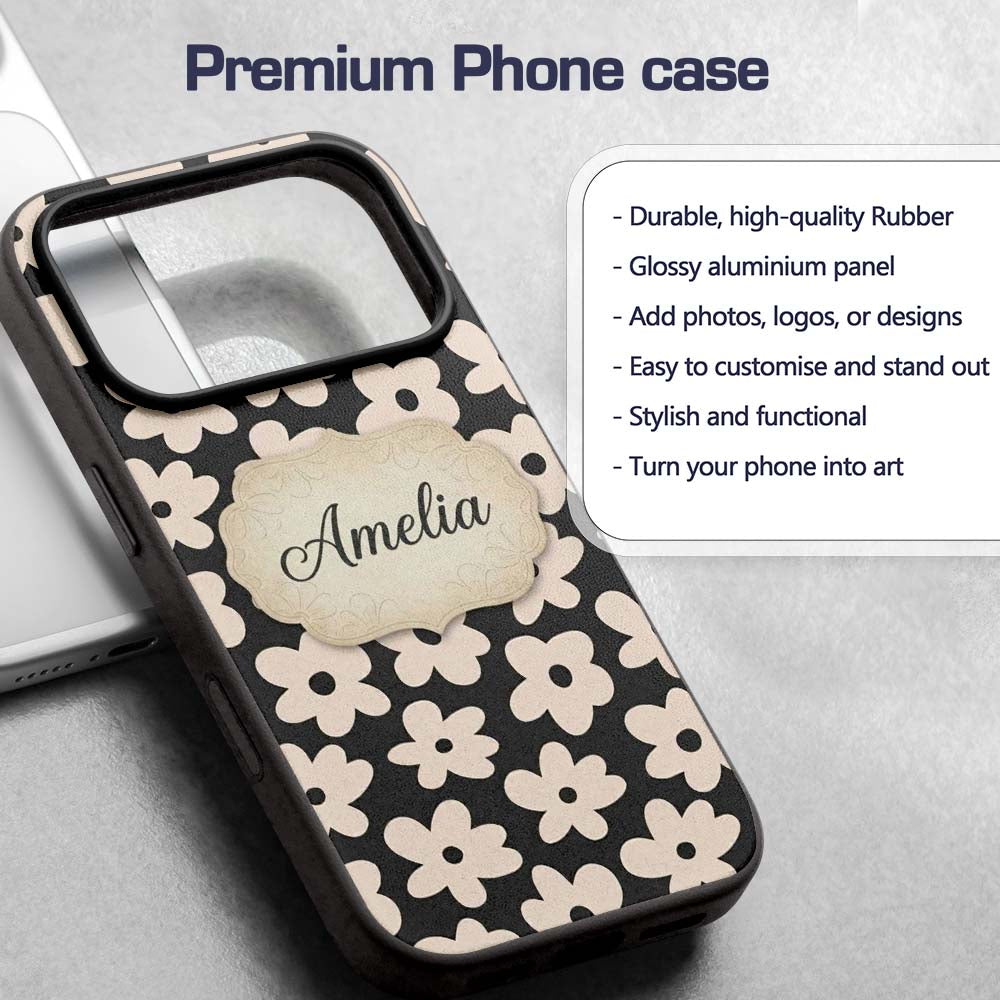 Minimal Beige Flower Silhouette Seamless Pattern Custom Name Protective Phone Case Mobile Cover Durable Everyday Smartphone Shock Resistant