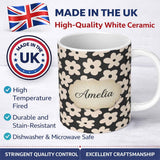 Personalized Custom Name Minimal Beige Flower Silhouette Seamless Pattern Modern Floral 11oz Ceramic Coffee Tea Mug White Large Handle