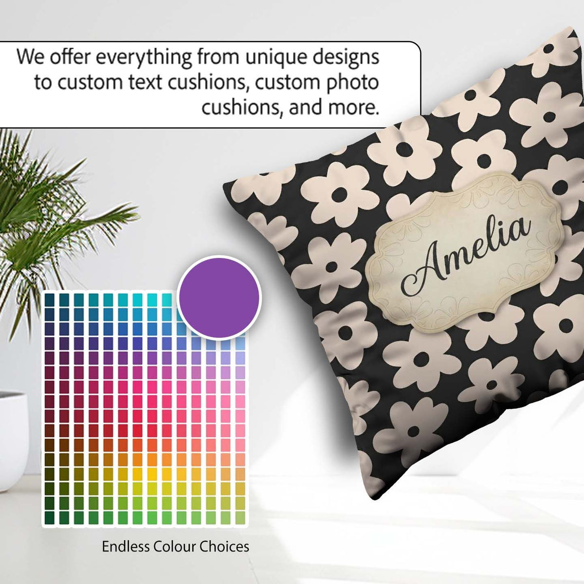 Custom Name Minimal Beige Flower Seamless Pattern Modern Floral Square Filled Cushion Throw Pillow Sofa Bed Home Decor Zip Washable UK Made