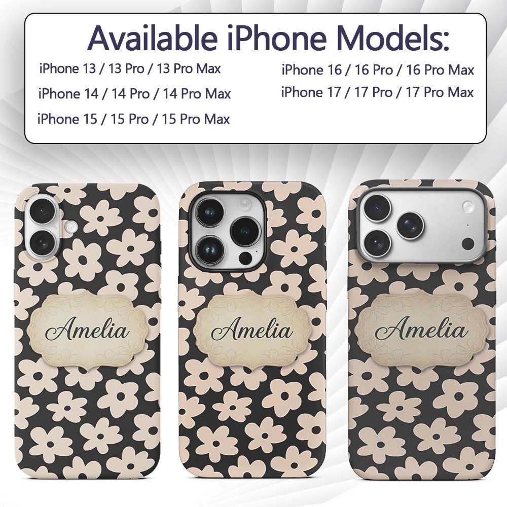 Minimal Beige Flower Silhouette Seamless Pattern Custom Name Protective Phone Case Mobile Cover Durable Everyday Smartphone Shock Resistant