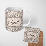 Personalized Custom Name Neutral Botanical Line Art Leaves Seamless Pattern Minimal Nature 11oz Ceramic Coffee Tea Mug White Large Handle