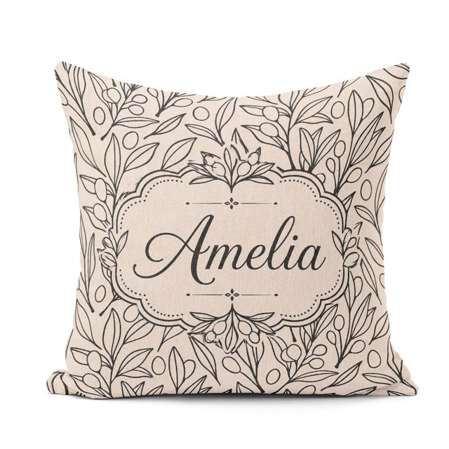 Custom Name Neutral Botanical Art Leaves Seamless Pattern Nature Square Filled Cushion Throw Pillow Sofa Bed Home Decor Zip Washable UK Made